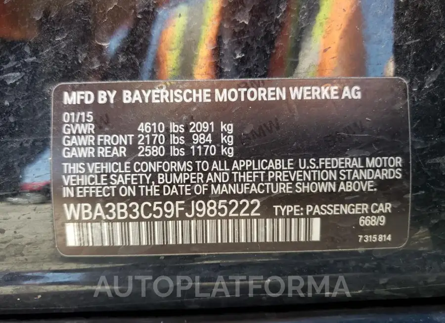 BMW 328 XI 2015 vin WBA3B3C59FJ985222 from auto auction Copart