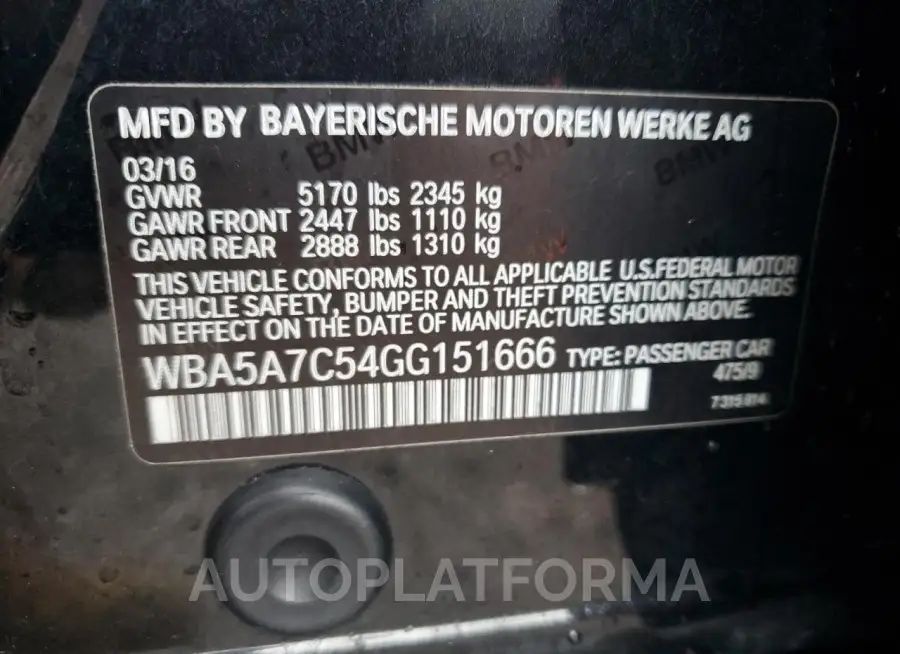 BMW 528 XI 2016 vin WBA5A7C54GG151666 from auto auction Copart