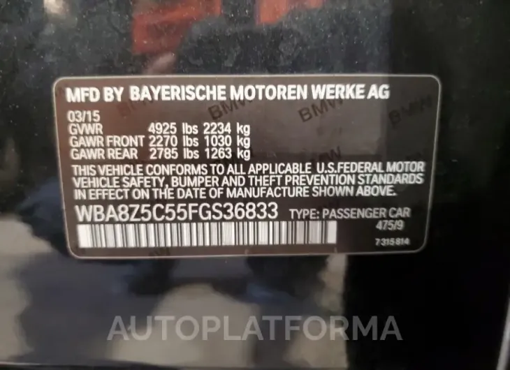 BMW 328 XIGT S 2015 vin WBA8Z5C55FGS36833 from auto auction Copart