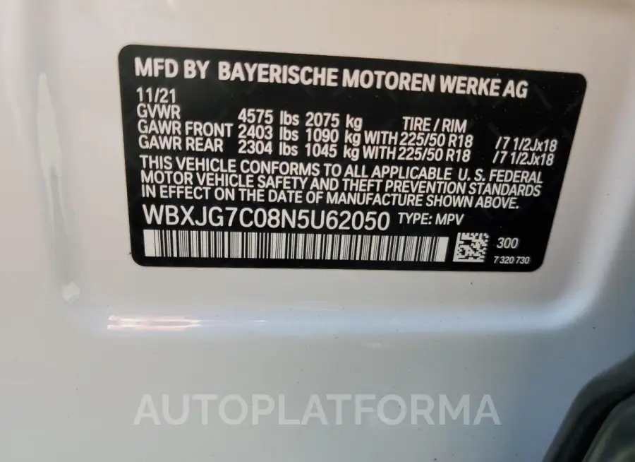 BMW X1 SDRIVE2 2022 vin WBXJG7C08N5U62050 from auto auction Copart