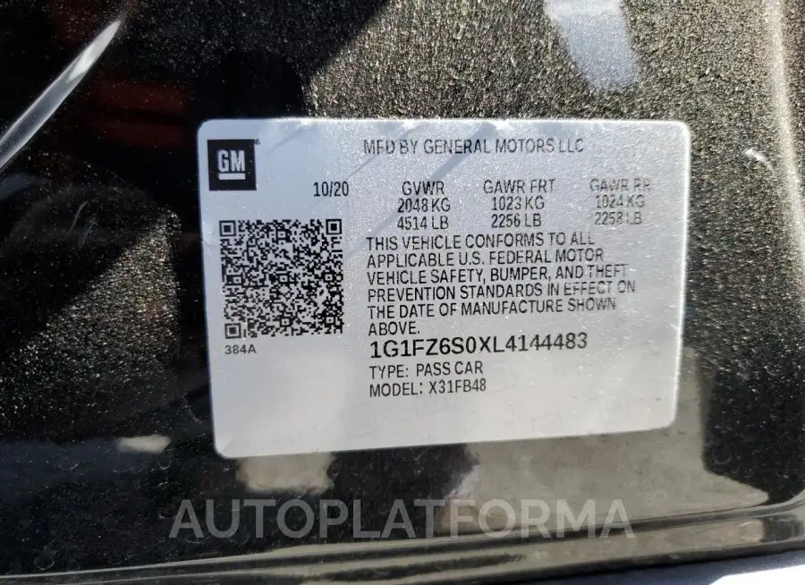 CHEVROLET BOLT EV PR 2020 vin 1G1FZ6S0XL4144483 from auto auction Copart