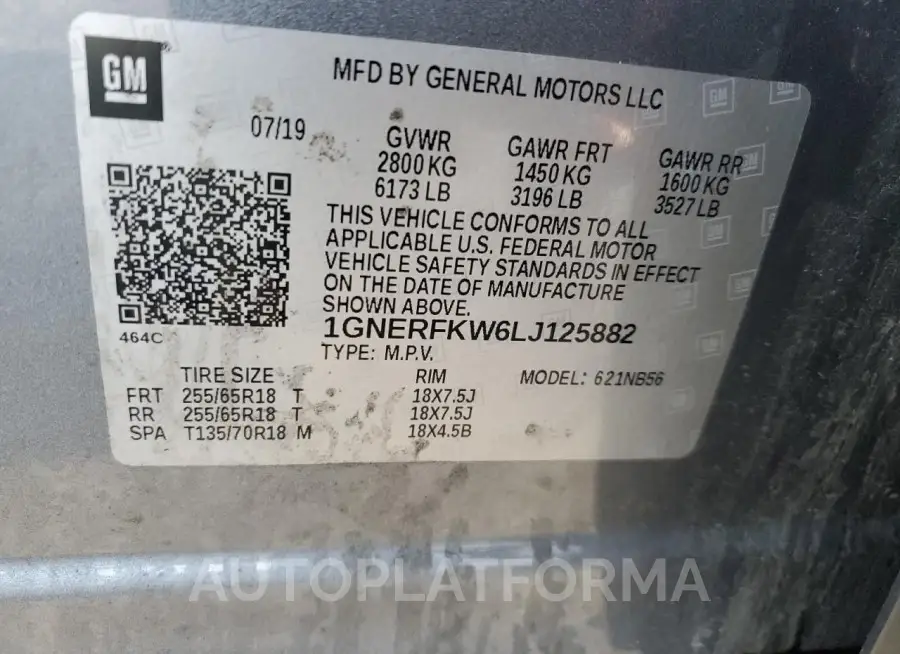 CHEVROLET TRAVERSE L 2020 vin 1GNERFKW6LJ125882 from auto auction Copart