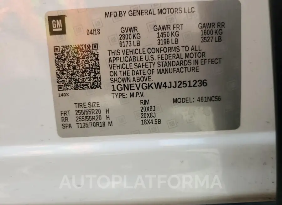 CHEVROLET TRAVERSE L 2018 vin 1GNEVGKW4JJ251236 from auto auction Copart