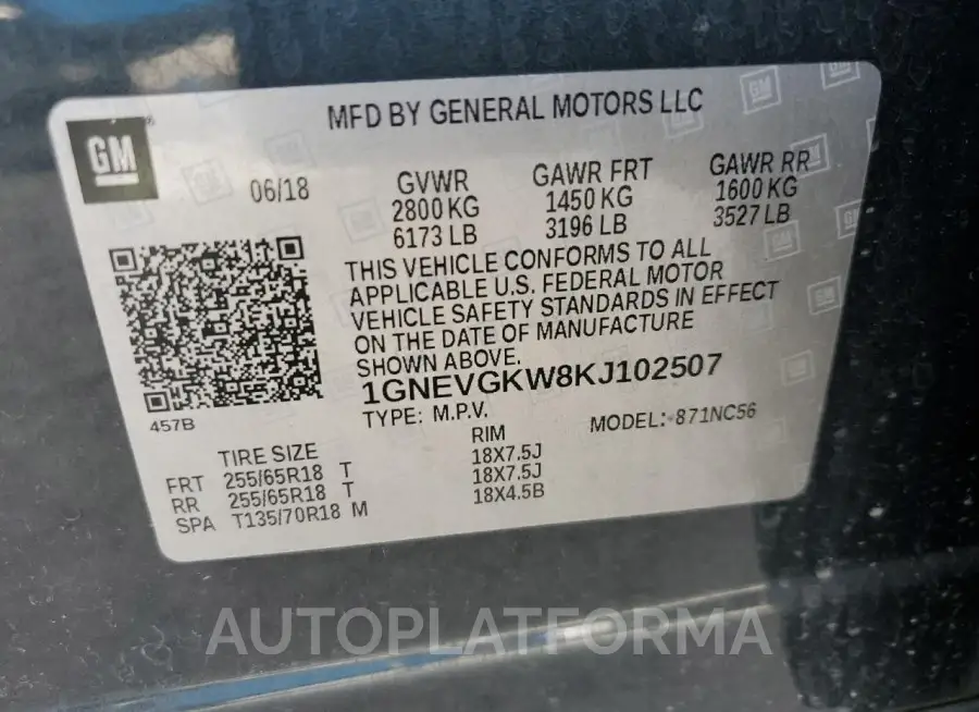 CHEVROLET TRAVERSE L 2019 vin 1GNEVGKW8KJ102507 from auto auction Copart