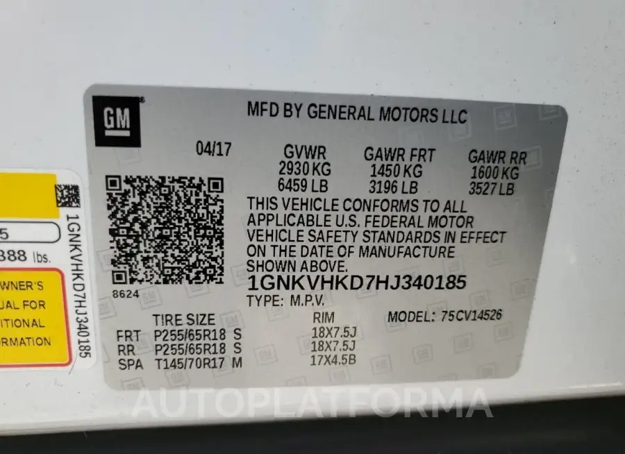 CHEVROLET TRAVERSE L 2017 vin 1GNKVHKD7HJ340185 from auto auction Copart