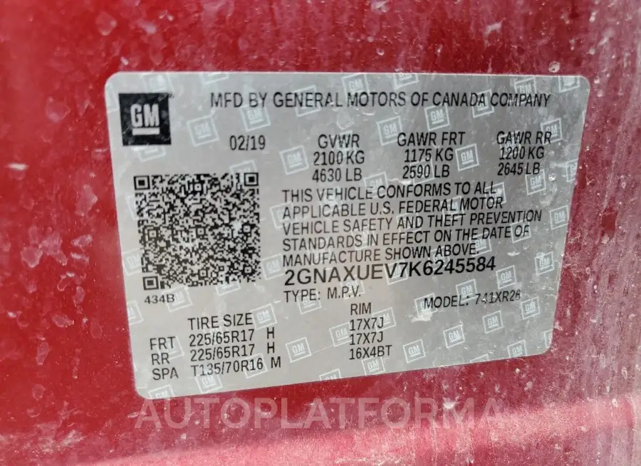 CHEVROLET EQUINOX LT 2019 vin 2GNAXUEV7K6245584 from auto auction Copart