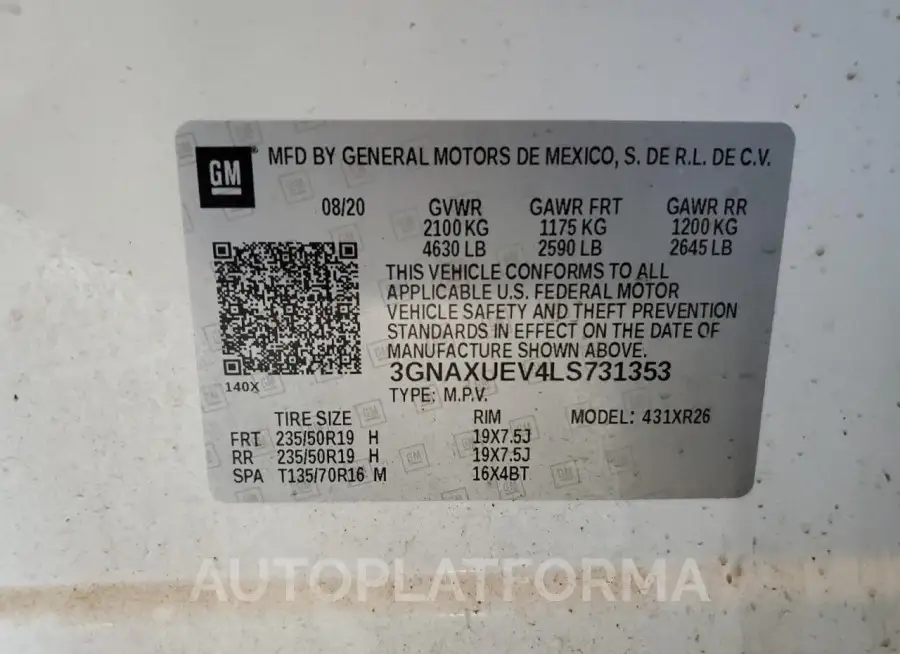 CHEVROLET EQUINOX LT 2020 vin 3GNAXUEV4LS731353 from auto auction Copart