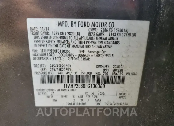 FORD TAURUS SEL 2015 vin 1FAHP2E80FG130360 from auto auction Copart