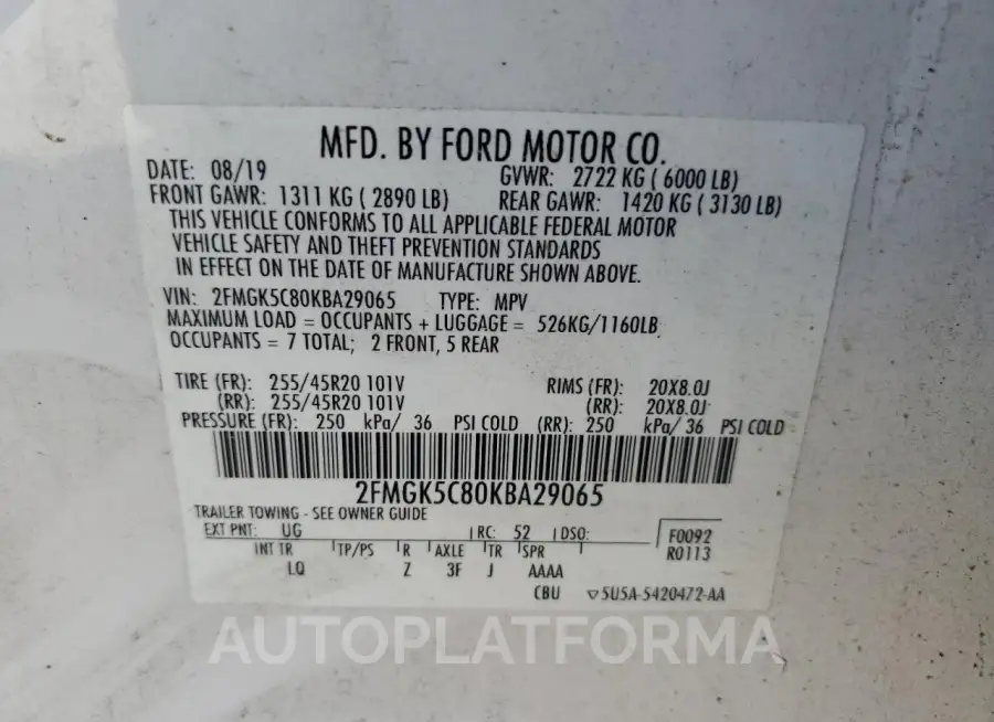 FORD FLEX SEL 2019 vin 2FMGK5C80KBA29065 from auto auction Copart