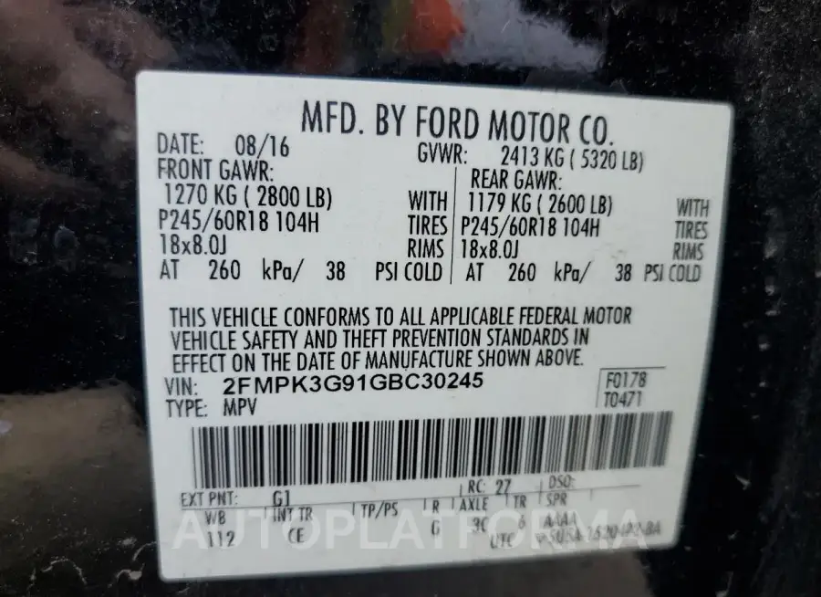 FORD EDGE SE 2016 vin 2FMPK3G91GBC30245 from auto auction Copart