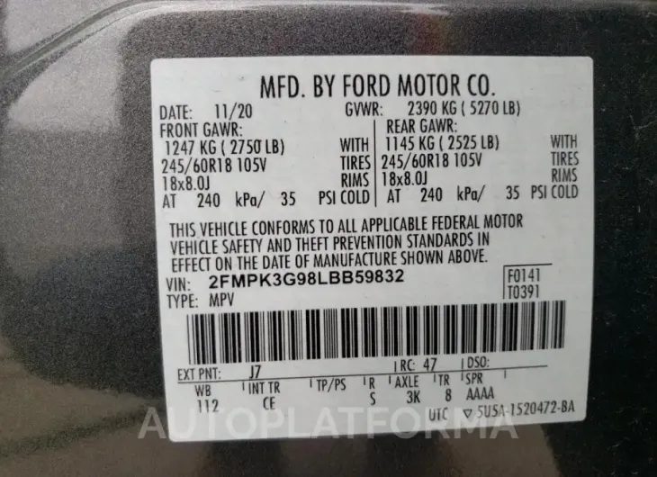 FORD EDGE SE 2020 vin 2FMPK3G98LBB59832 from auto auction Copart