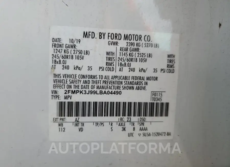 FORD EDGE SEL 2020 vin 2FMPK3J99LBA04490 from auto auction Copart