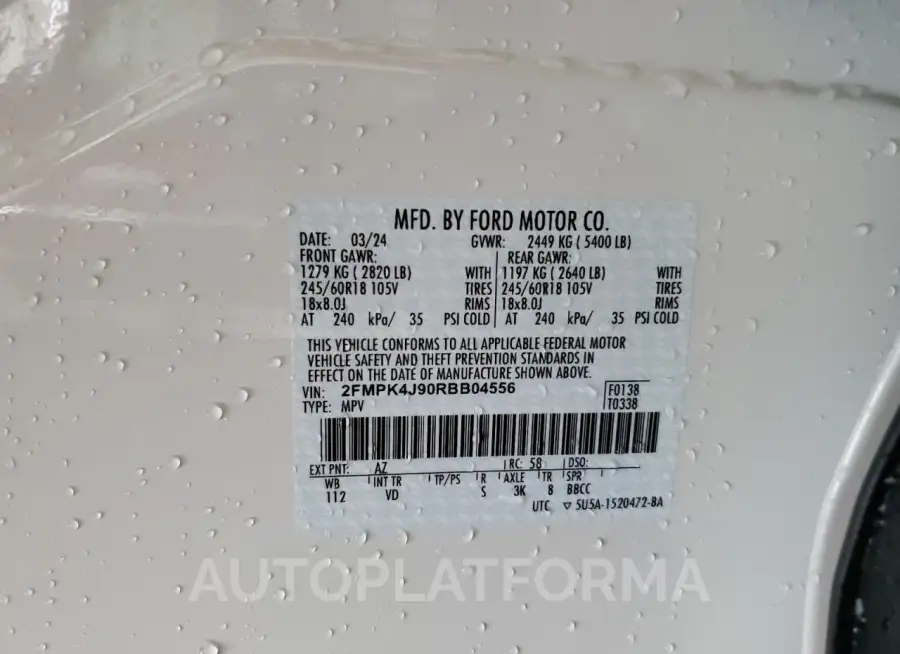 FORD EDGE SEL 2024 vin 2FMPK4J90RBB04556 from auto auction Copart