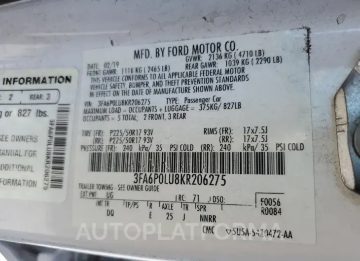 FORD FUSION SE 2019 vin 3FA6P0LU8KR206275 from auto auction Copart