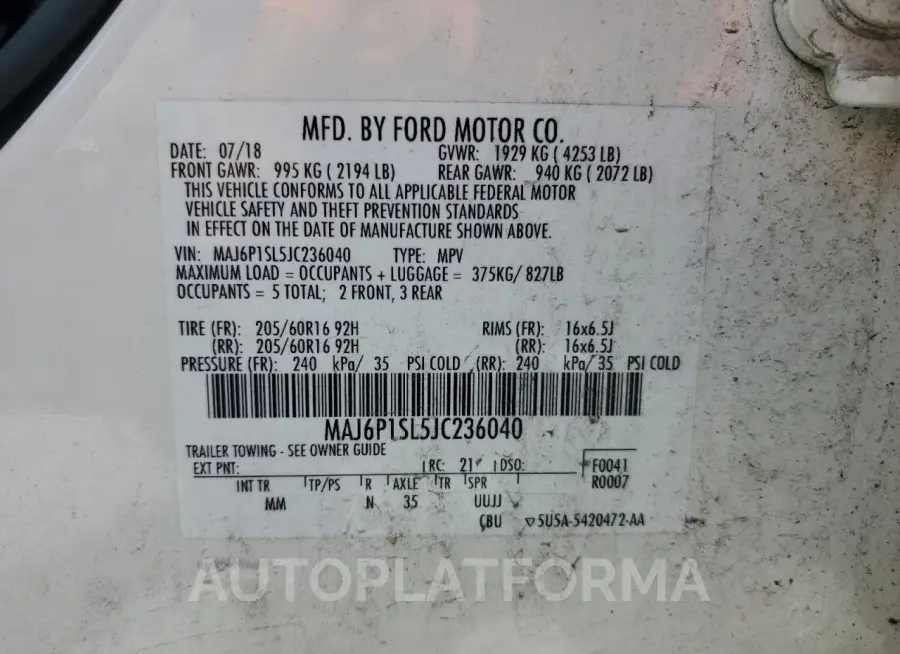 FORD ECOSPORT S 2018 vin MAJ6P1SL5JC236040 from auto auction Copart