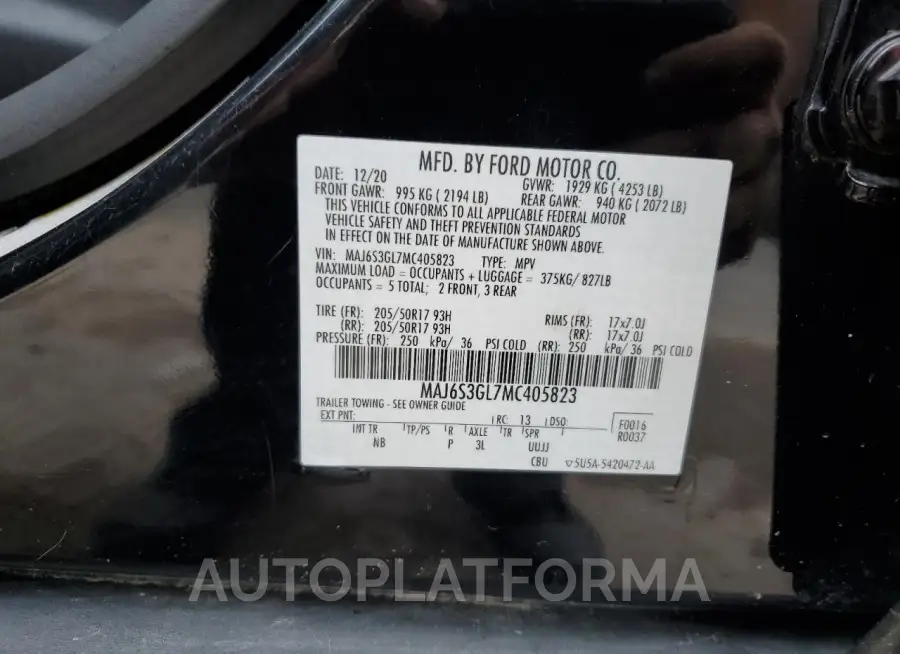 FORD ECOSPORT S 2021 vin MAJ6S3GL7MC405823 from auto auction Copart