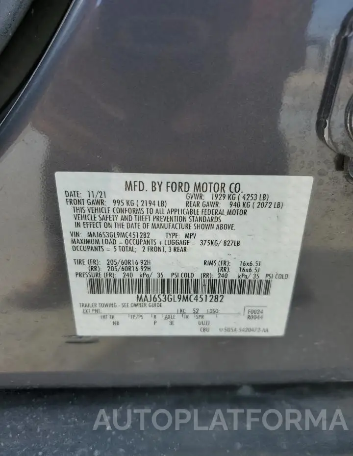 FORD ECOSPORT S 2021 vin MAJ6S3GL9MC451282 from auto auction Copart