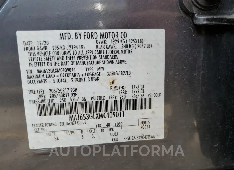 FORD ECOSPORT S 2021 vin MAJ6S3GLXMC409011 from auto auction Copart