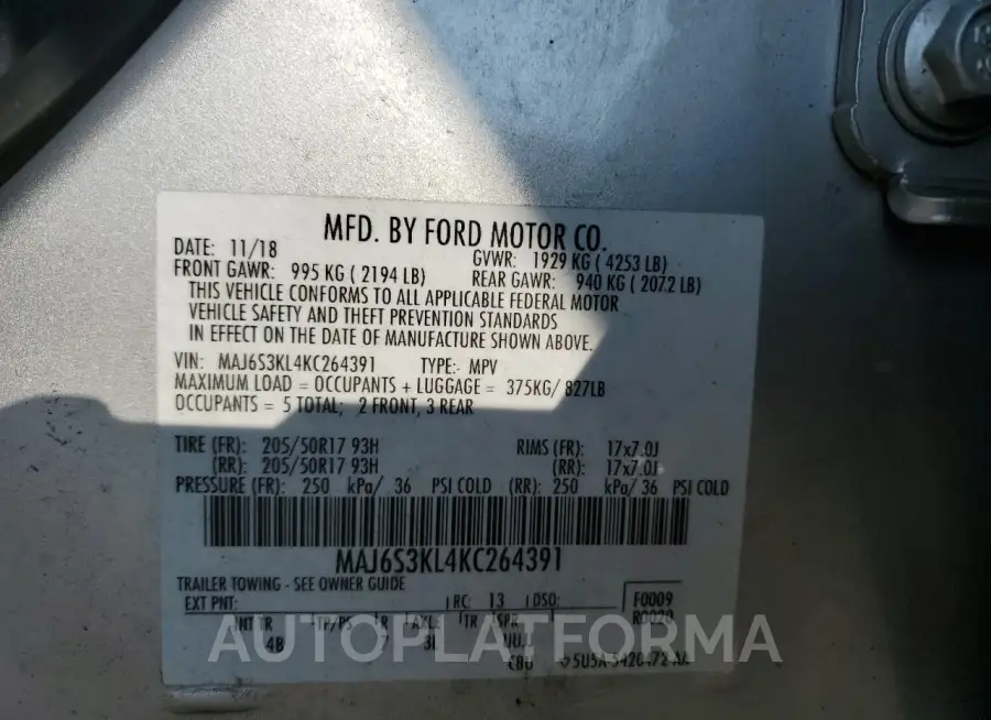 FORD ECOSPORT T 2019 vin MAJ6S3KL4KC264391 from auto auction Copart