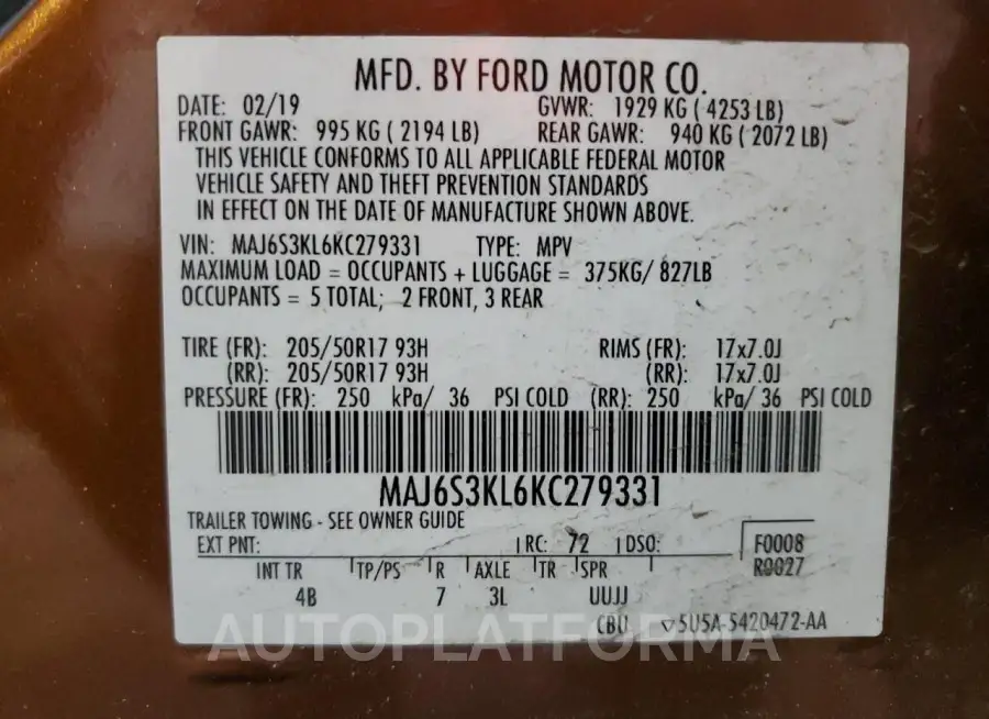 FORD ECOSPORT T 2019 vin MAJ6S3KL6KC279331 from auto auction Copart