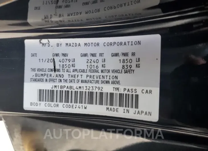 MAZDA 3 SELECT 2021 vin JM1BPABL4M1323792 from auto auction Copart