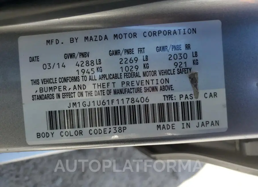 MAZDA 6 sport 2015 vin JM1GJ1U61F1178406 from auto auction Copart