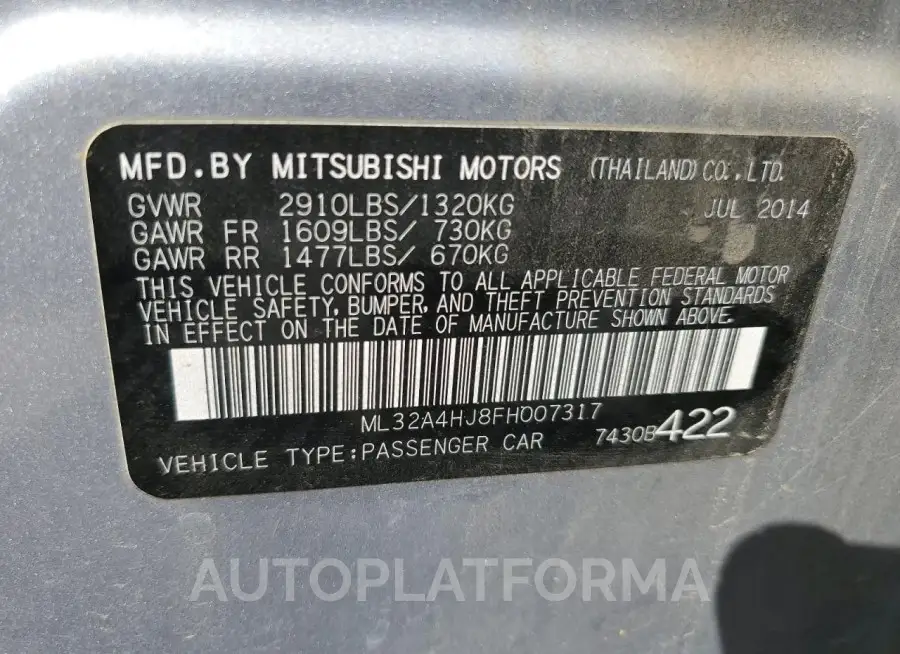 MITSUBISHI MIRAGE ES 2015 vin ML32A4HJ8FH007317 from auto auction Copart