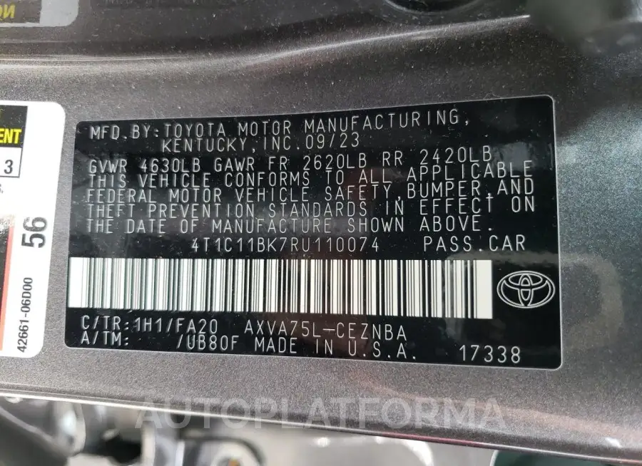 TOYOTA CAMRY LE 2024 vin 4T1C11BK7RU110074 from auto auction Copart