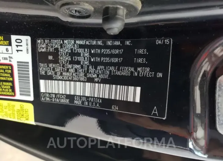 TOYOTA SIENNA LE 2015 vin 5TDKK3DC4FS601863 from auto auction Copart