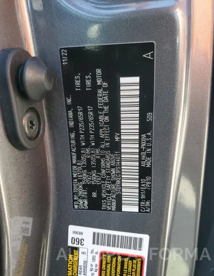 TOYOTA SIENNA XLE 2023 vin 5TDYRKEC1PS144011 from auto auction Copart