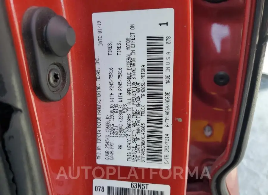 TOYOTA TACOMA DOU 2019 vin 5TFAX5GN0KX143605 from auto auction Copart