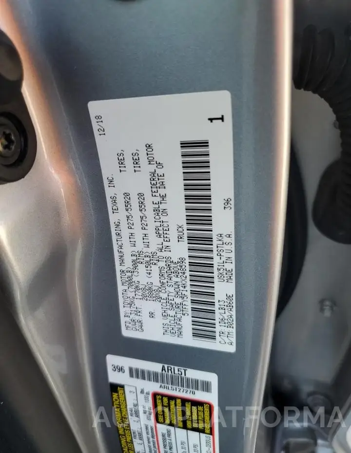 TOYOTA TUNDRA CRE 2019 vin 5TFFY5F14KX248598 from auto auction Copart