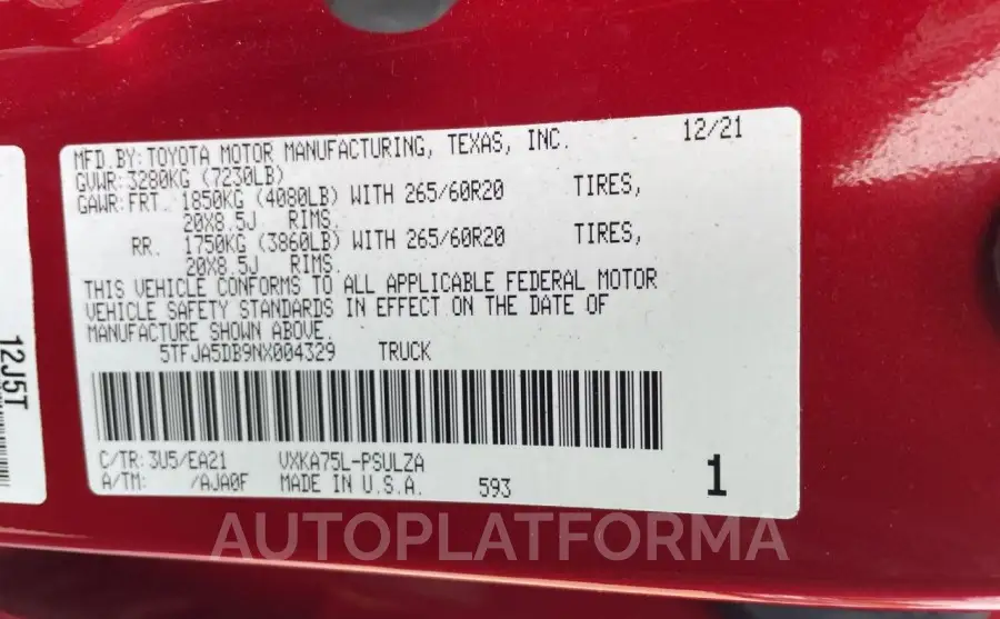 TOYOTA TUNDRA CRE 2022 vin 5TFJA5DB9NX004329 from auto auction Copart