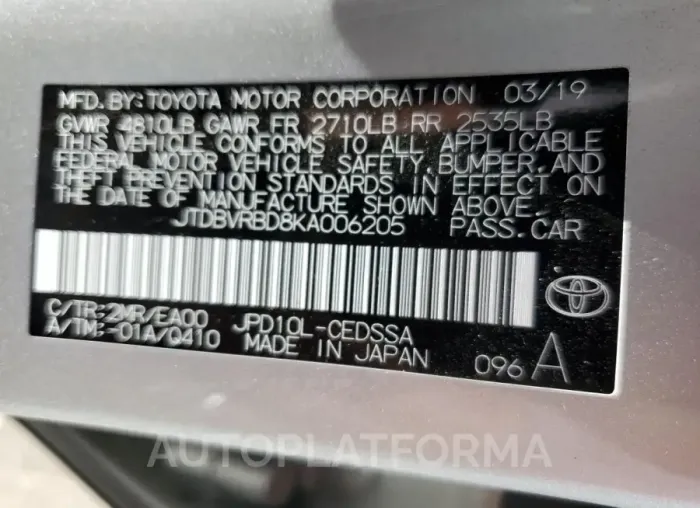 TOYOTA MIRAI 2019 vin JTDBVRBD8KA006205 from auto auction Copart