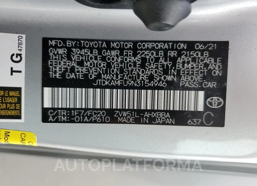 TOYOTA PRIUS NIGH 2022 vin JTDKAMFU9N3154946 from auto auction Copart