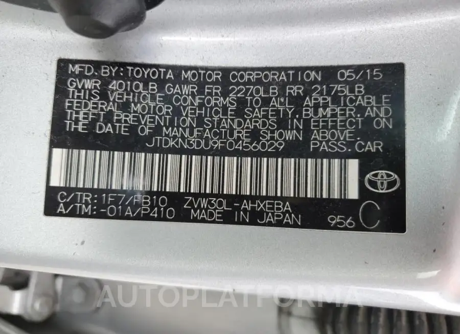 TOYOTA PRIUS 2015 vin JTDKN3DU9F0456029 from auto auction Copart