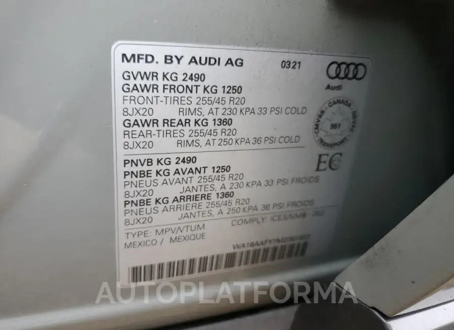 AUDI Q5 SPORTBA 2021 vin WA16AAFY7M2081822 from auto auction Copart