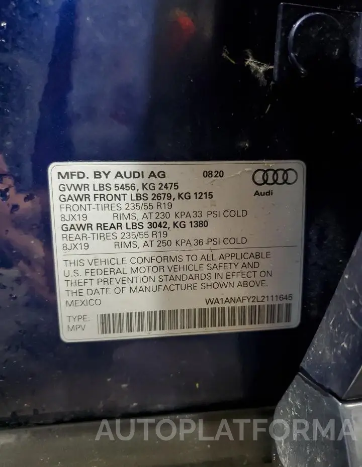 AUDI Q5 PREMIUM 2020 vin WA1ANAFY2L2111645 from auto auction Copart