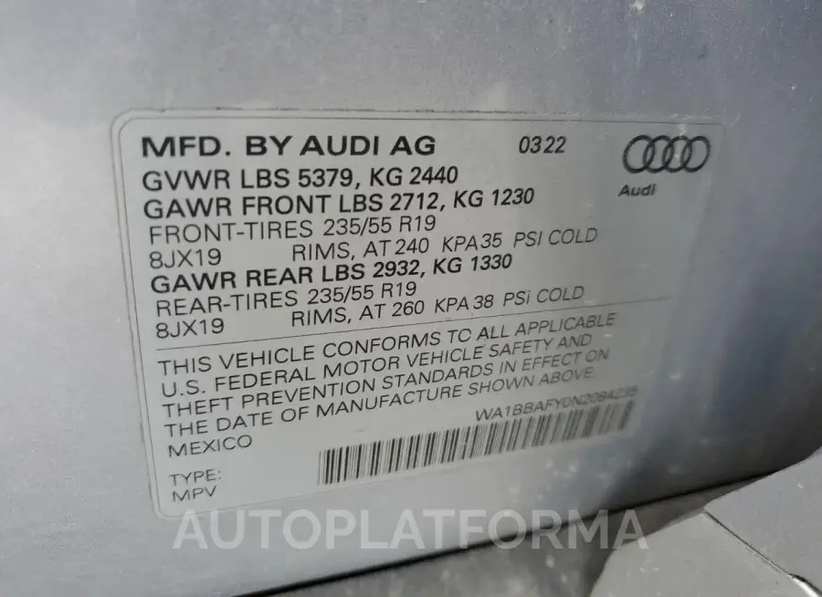 AUDI Q5 PREMIUM 2022 vin WA1BBAFY0N2084235 from auto auction Copart