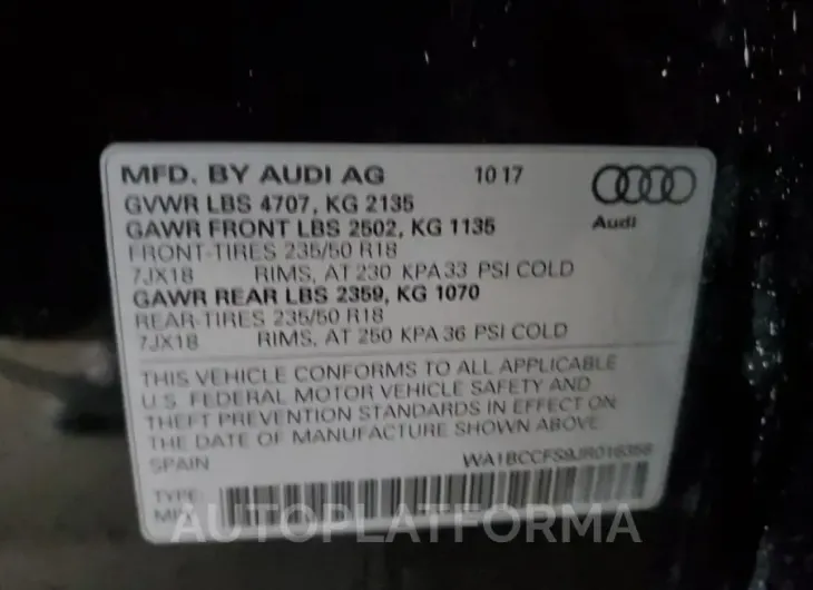 AUDI Q3 PREMIUM 2018 vin WA1BCCFS9JR016358 from auto auction Copart