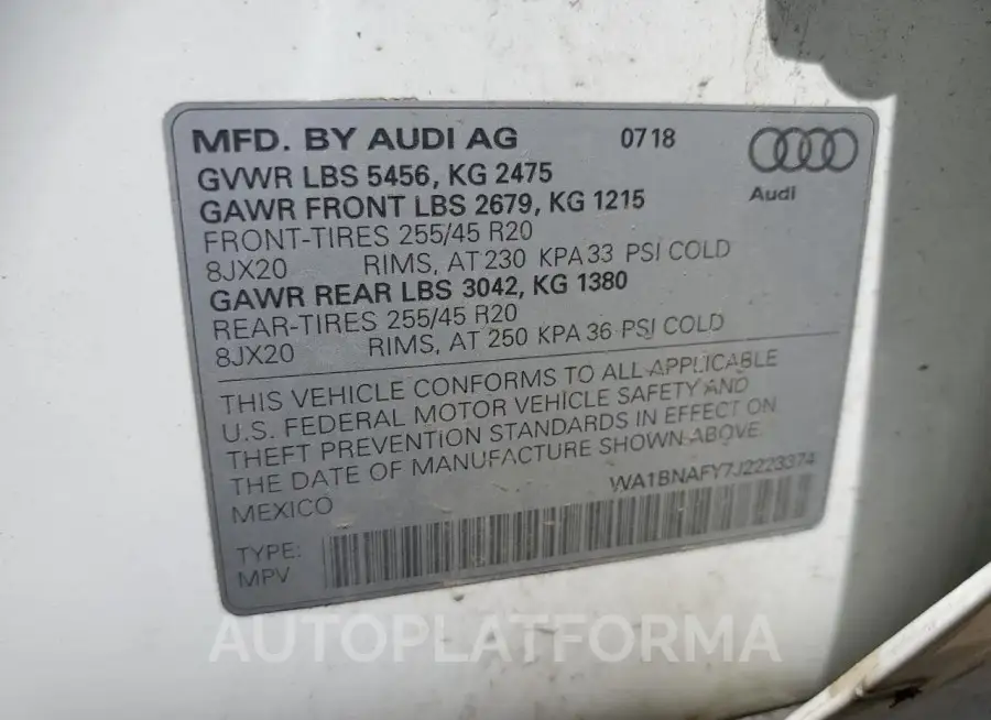 AUDI Q5 PREMIUM 2018 vin WA1BNAFY7J2223374 from auto auction Copart