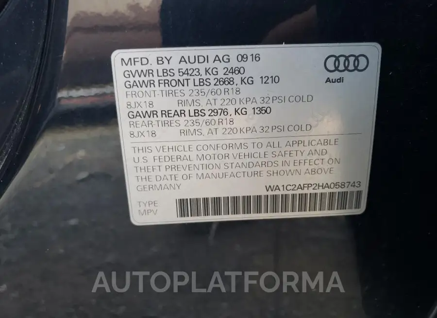 AUDI Q5 PREMIUM 2017 vin WA1C2AFP2HA058743 from auto auction Copart