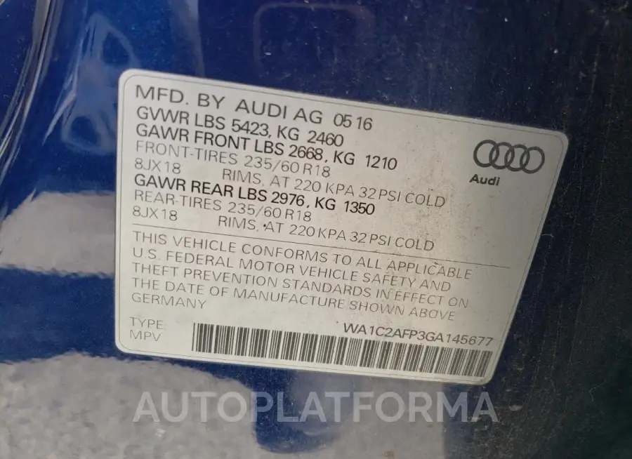 AUDI Q5 PREMIUM 2016 vin WA1C2AFP3GA145677 from auto auction Copart