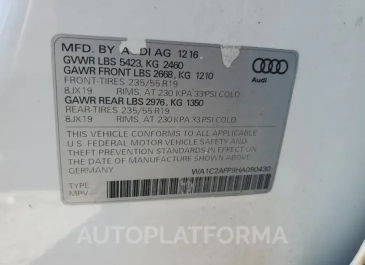 AUDI Q5 PREMIUM 2017 vin WA1C2AFP9HA090430 from auto auction Copart