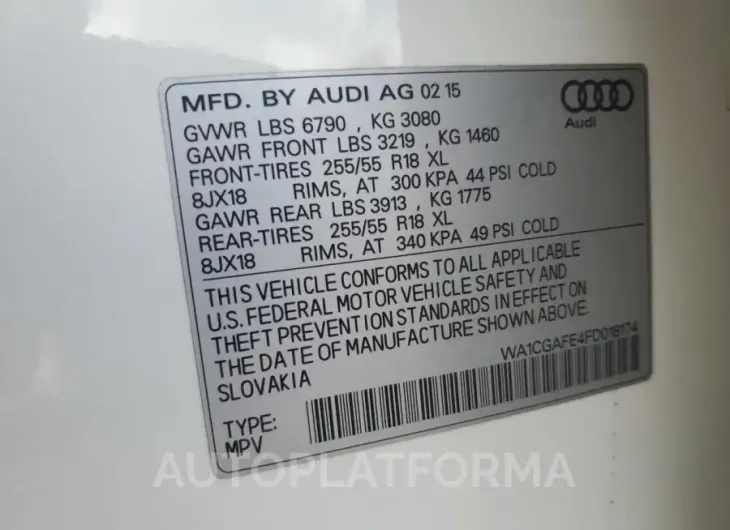 AUDI Q7 PREMIUM 2015 vin WA1CGAFE4FD018174 from auto auction Copart