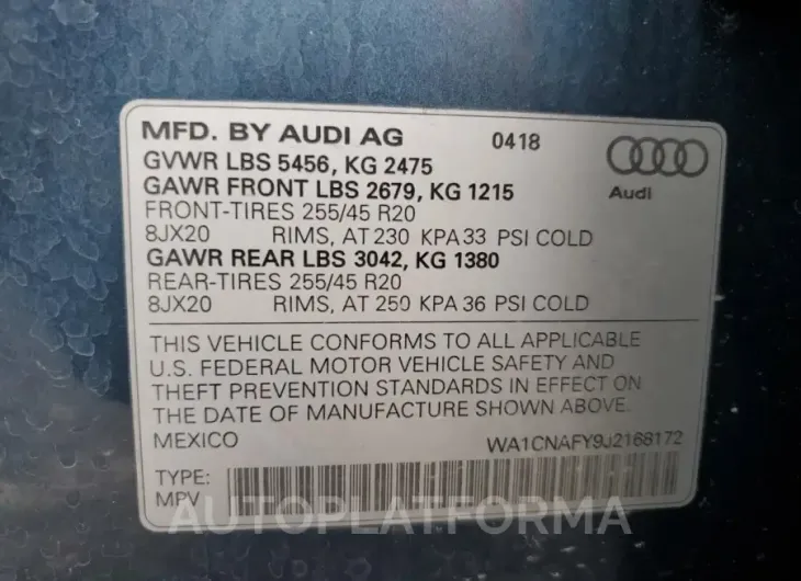 AUDI Q5 PRESTIG 2018 vin WA1CNAFY9J2168172 from auto auction Copart