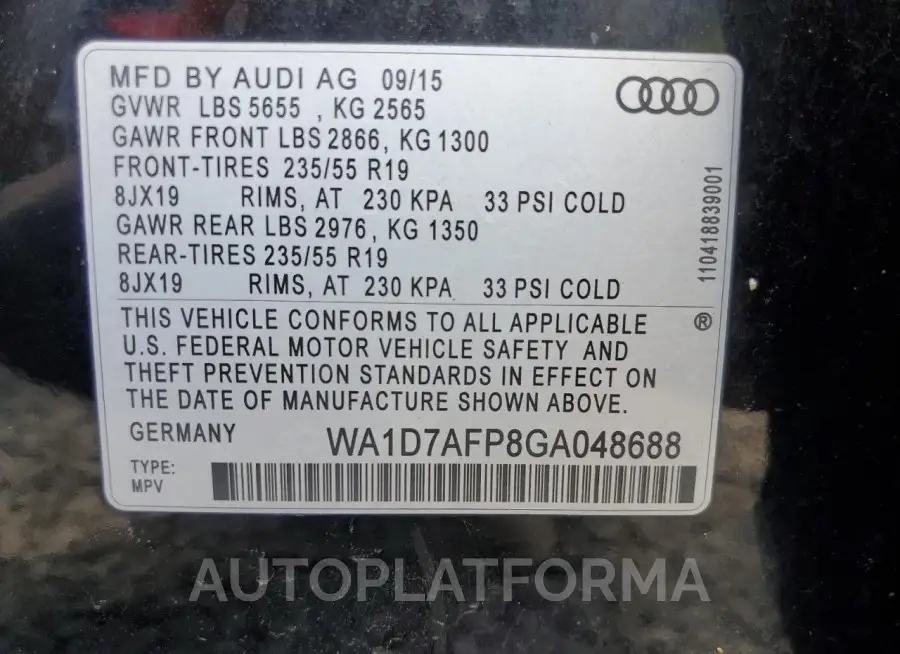 AUDI Q5 PREMIUM 2016 vin WA1D7AFP8GA048688 from auto auction Copart