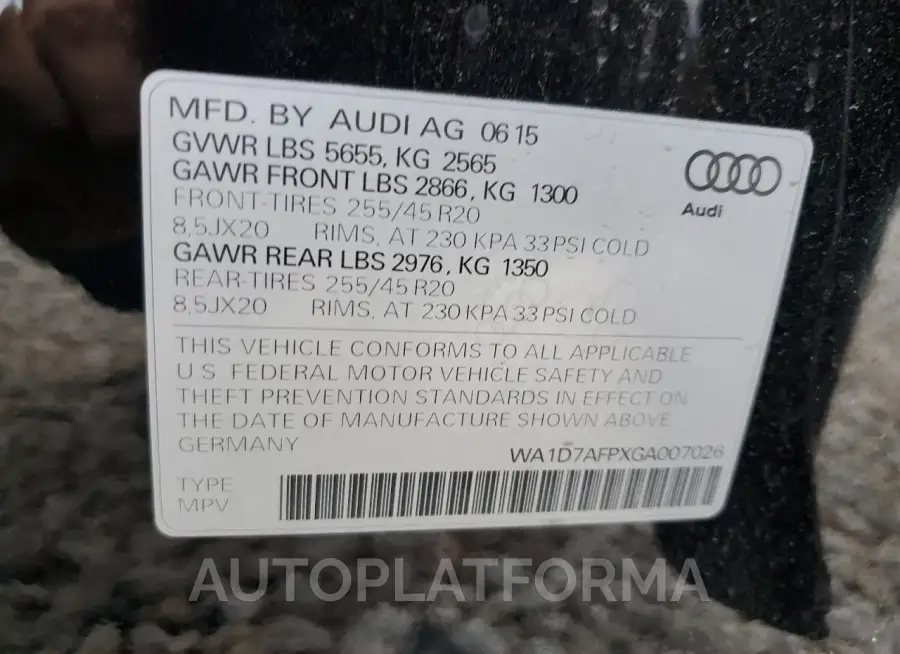 AUDI Q5 PREMIUM 2016 vin WA1D7AFPXGA007026 from auto auction Copart