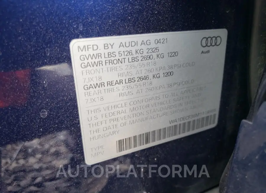 AUDI Q3 PREMIUM 2021 vin WA1DECF36M1118988 from auto auction Copart