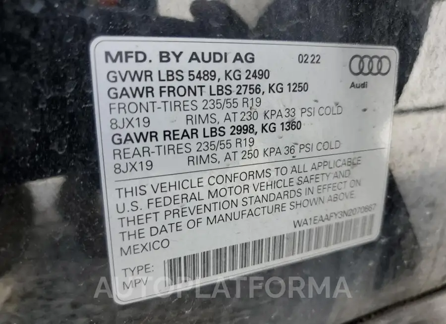 AUDI Q5 PREMIUM 2022 vin WA1EAAFY3N2070667 from auto auction Copart